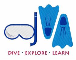 Playful snorkel with vibrant blue flippers and 'DIVE EXPLORE LEARN' text in red, perfect for summer designs.