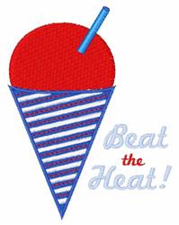 Vibrant red snow cone in a blue-striped cone, topped with a blue straw and 'Beat the Heat!' text. Playful summer design.