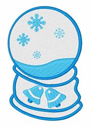Playful snow globe featuring snowflakes and blue bells on a solid base, in festive blue and white hues for winter.