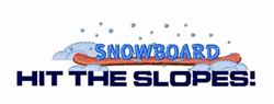 Fun snowboard design with vibrant colors, swirling snowflakes, and playful text, perfect for winter sports.