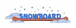 Word art 'SNOWBOARD' in bold blue letters with playful snowflakes and light clouds, perfect for winter sports.