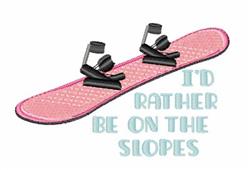 Playful snowboard design featuring a bright pink snowboard with black bindings and aqua text 'I'D RATHER BE ON THE SLOPES' fo