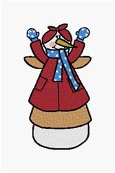 Cheerful snowman with angel wings in a red coat and blue scarf, designed in a whimsical style for winter décor.