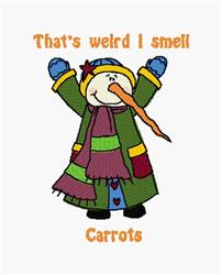 Playful snowman with a carrot nose and colorful coat, raising arms, perfect for winter decor.