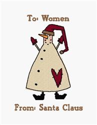Playful snowman with a red hat and heart on coat, featuring text 'To: Women' and 'From: Santa Claus' for Christmas.