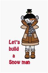 Playful snowman in a brown coat and green hat, wrapped in a plaid scarf, invites winter fun.
