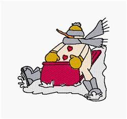 Cheerful snowman with heart motifs wearing a gray scarf and yellow hat, sitting on a pink sled in a winter wonderland.