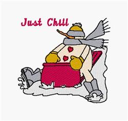 Playful snowman in a colorful sled, adorned with hearts and wearing a gray scarf. Winter scene with cartoonish charm.