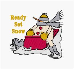 Playful snowman in a bright red sled, wearing a yellow beanie and grey scarf, full of winter cheer.