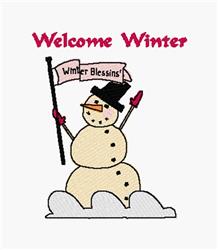 Colorful snowman with an orange carrot nose and black hat, holding a 'Winter Blessins' sign on a fluffy cloud in a playful wi