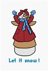 Cheerful snowman in a red coat and blue scarf joyfully raising its arms in a whimsical winter scene.