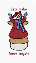 Cheerful snowman in a red coat and blue mittens, surrounded by snow, with 'Let's make Snow angels' text.