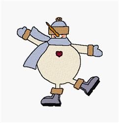 Cheerful snowman in playful style, wearing a blue scarf, hat, and heart detail on its belly for winter décor.