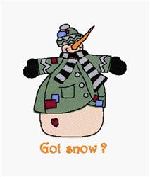 Playful snowman in a green coat and striped scarf, featuring a carrot nose and 'Got snow?' text, perfect for winter decor.