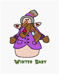 Playful snowman design with vibrant purple coat, cozy brown scarf, and green 'WINTER BABY' text.