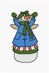 Cartoon snowman in a blue coat, green scarf, and colorful striped skirt, celebrating winter joy. Perfect for festive decor.