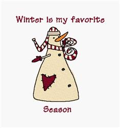 Whimsical snowman with carrot nose, striped hat, and heart patch, surrounded by bright red text, perfect for winter.