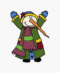 Cheerful snowman in a green coat with colorful patches, wearing a yellow hat and blue gloves, perfect for winter decor.