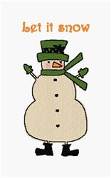 Cheerful snowman with green hat and scarf, standing against a white background. 'Let it snow' in orange text.