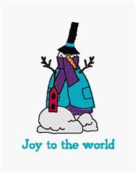 Cheerful snowman with a blue coat and purple scarf stands on snow with a birdhouse nearby, perfect for winter décor.