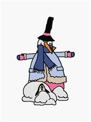 Playful snowman wearing a black top hat and blue scarf, surrounded by fluffy snow, capturing winter cheer.