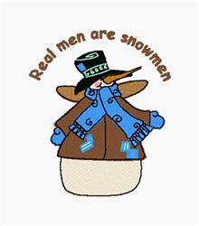 Whimsical snowman with a brown coat, blue scarf, and black hat, featuring the text 'Real men are snowmen' in a playful font.