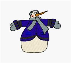 Cartoon snowman with a smiling face, blue coat, and gray scarf. Playful winter design, perfect for machine embroidery.
