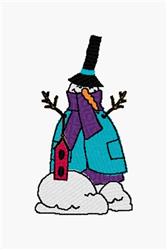 Playful snowman in a blue coat and black hat, with an orange carrot nose, next to a red birdhouse in winter.