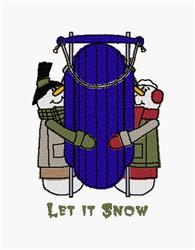 Playful snowmen in colorful winter clothing hold a blue sled, with 'Let It Snow' in a fun font, festive winter scene.
