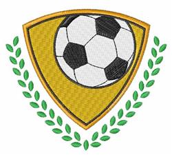 Soccer ball nestled in a golden shield, surrounded by a green laurel wreath for a bold sports feel.