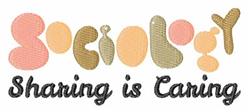 Playful text design featuring 'Sociology' in vibrant pink, gold, and peach letters with 'Sharing is Caring' below.