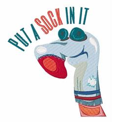 Playful sock puppet with a cheerful smile and red mouth, featuring vibrant colors and bold text saying 'PUT A SOCK IN IT'.