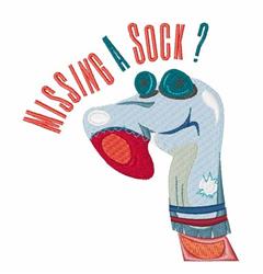 Playful sock puppet in light blue with red and black accents, featuring 'MISSING A SOCK?' text above.