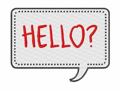 Redwork speech bubble with bold 'HELLO?' in red, featured on a textured white background with a black dotted border.