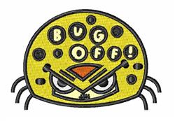 Cartoon spider with bold 'BUG OFF!' text on a bright yellow background, perfect for Halloween decor.