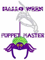 Playful purple spider with vibrant green hair beneath a skeleton hand for Halloween decor.