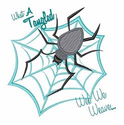 Playful spider with a gray body on a blue and white spider web, featuring whimsical Halloween text above.