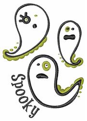 Playful ghosts with green accents cheerfully float above the word 'Spooky', perfect for Halloween decor.