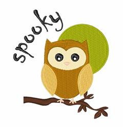 Playful brown owl perched on a branch, against a green moon, with whimsical 'spooky' text; perfect for Halloween.