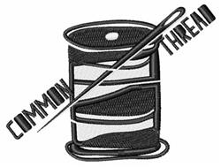 Spool of thread with a needle, featuring a sleek black and white design. Text 'COMMON THREAD' curves elegantly.
