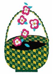 Colorful green basket filled with pink flowers, with a playful and whimsical style, perfect for spring.