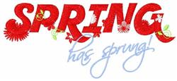 Playful spring text design featuring 'SPRING' in bold red, with blue cursive 'has sprung!' and colorful floral accents.