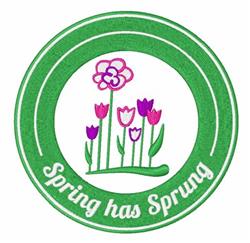 Playful spring flowers with pink and purple tulips, enclosed in a green circular frame, featuring 'Spring has Sprung' text.