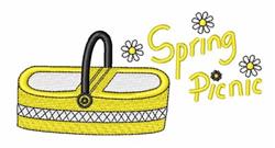 Cheerful yellow picnic basket with a black handle surrounded by white daisies, perfect for a playful spring theme.