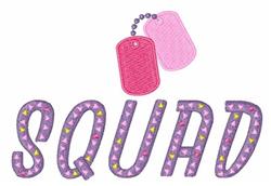 SQUAD text in bold purple with lively geometric patterns, topped with pink dog tags, perfect for youthful designs.