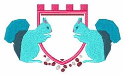 Colorful squirrels playfully frame a vibrant shield with a pink outline and a whimsical castle tower above.