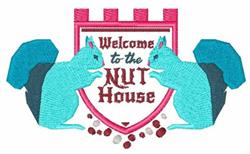 Playful turquoise squirrels face each other on a shield, framed in pink, with a castle turret above and fun text.