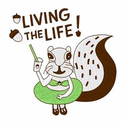 Cartoon squirrel in a green flotation ring, holding a drink, with bright colors and text 'LIVING THE LIFE!'