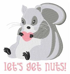Playful squirrel holding a pink heart, gray with black details, featuring 'let's get nuts!' text below.