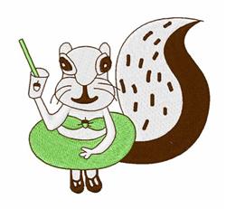 Cartoon squirrel in a green bikini with a drink lounging on a green pool float, perfect for summer.